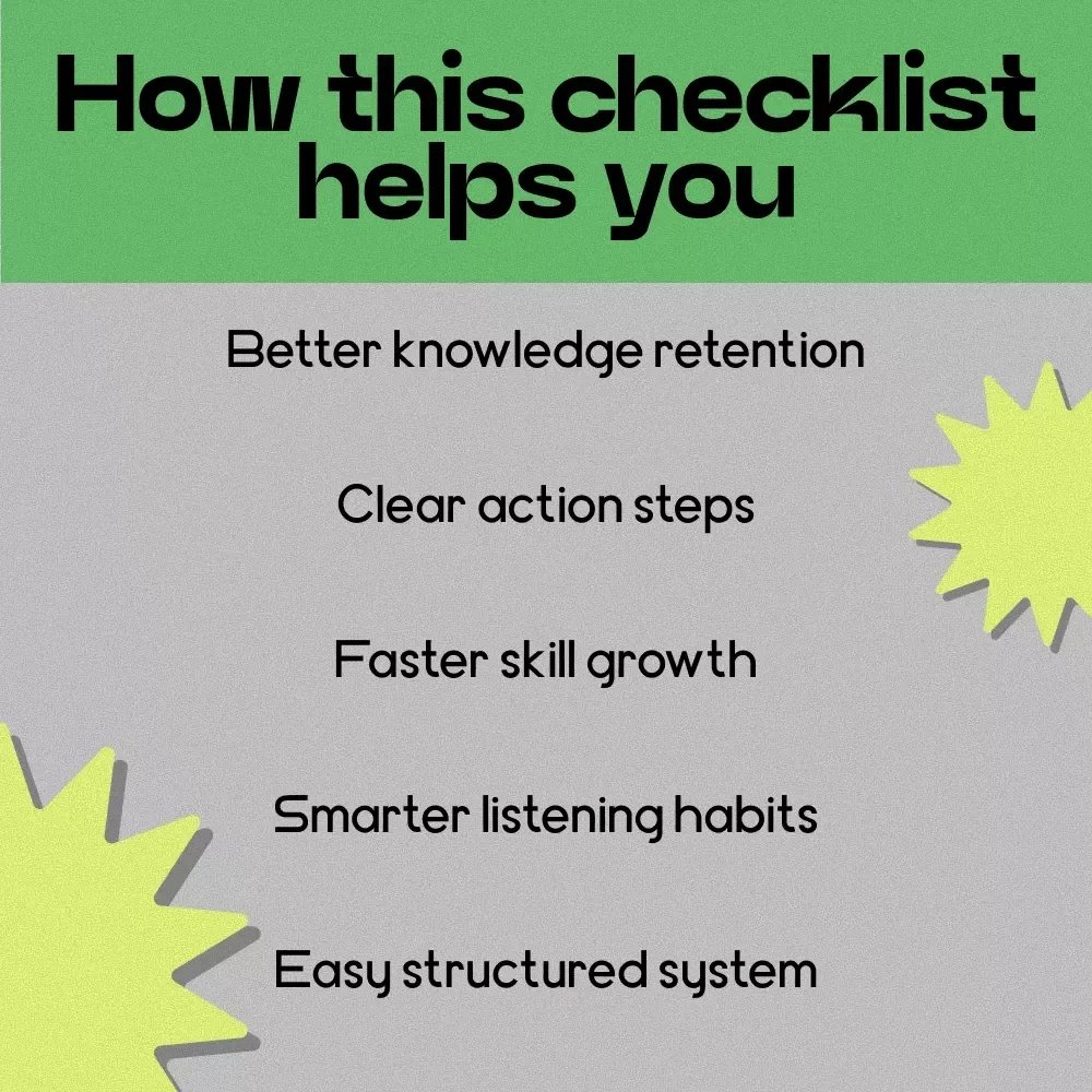 Podcast Learning Power Checklist – How to Learn from Podcasts Effectively, Audio Learning Guide, Productivity & Skill-Building Checklist