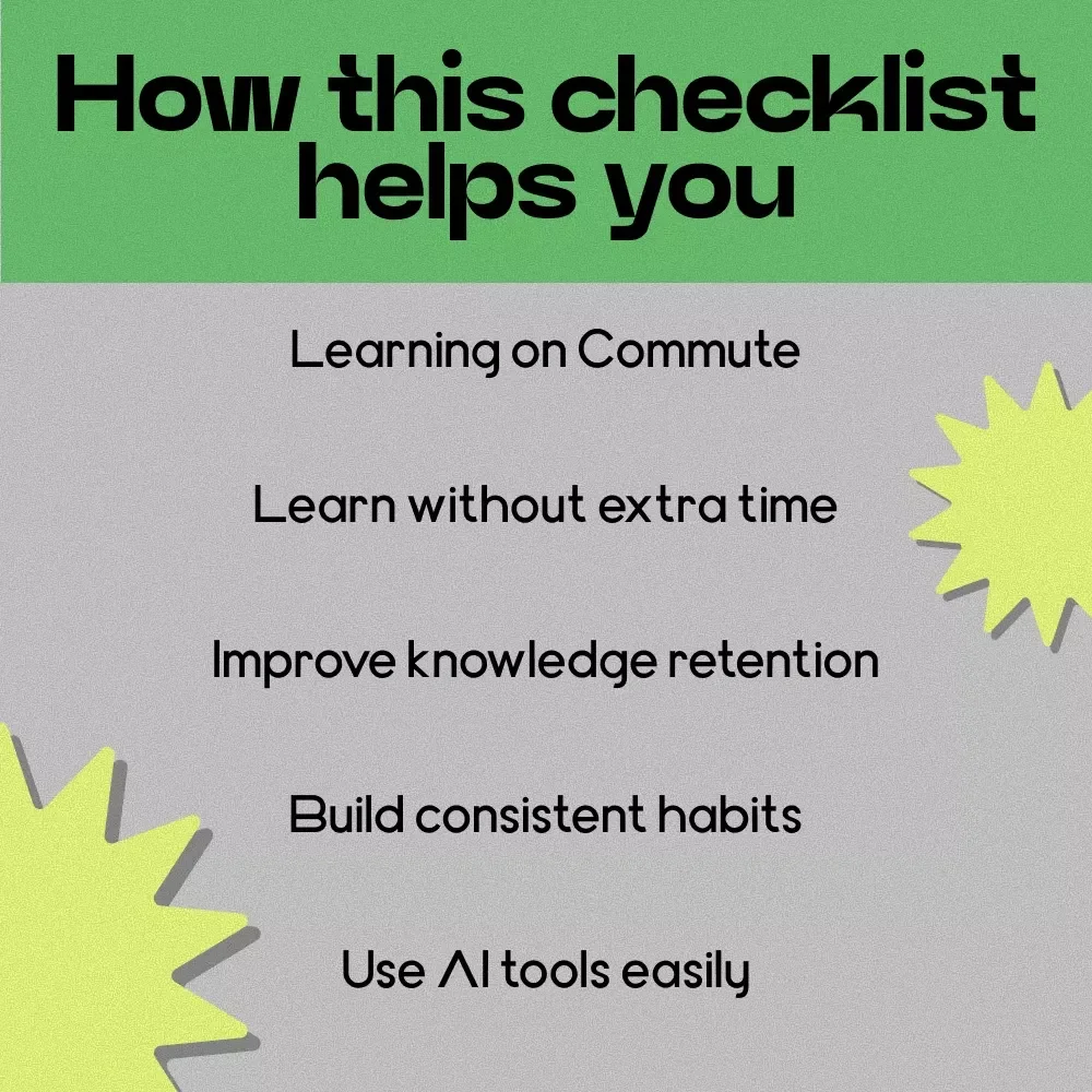 Learning on Commute Checklist – How to Learn While Commuting, Productivity Guide for Busy Professionals & Students, Digital Download