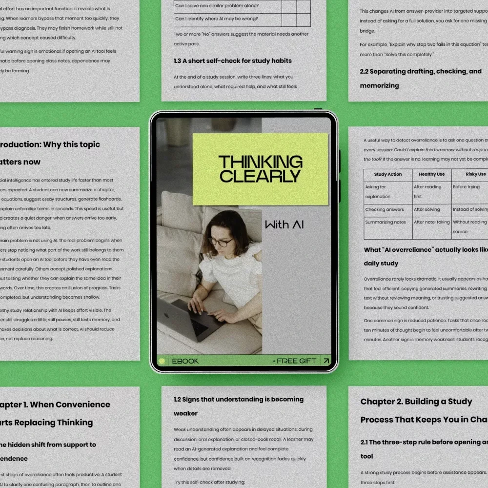 Thinking Clearly With AI – how to avoid ai overreliance in studying | Digital eBook Guide for Smarter Study Habits, Critical Thinking & Responsible AI Use