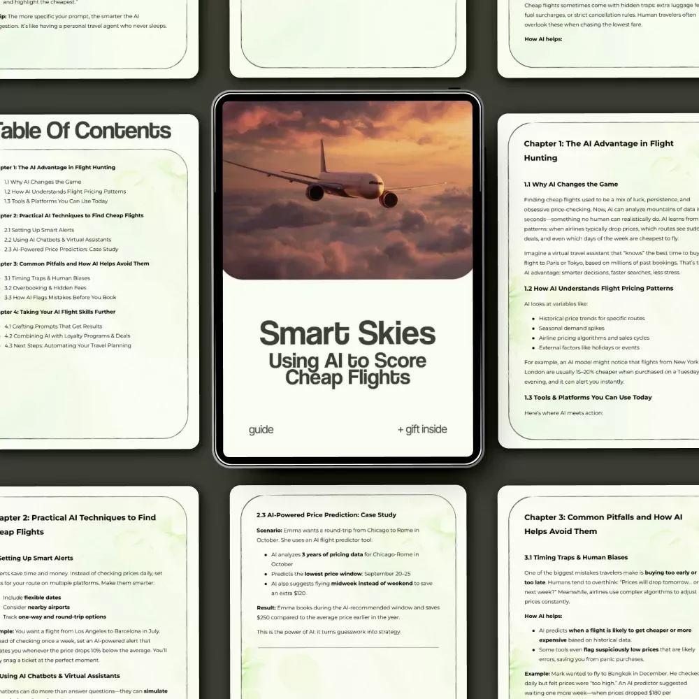 Smart Skies: Using AI to Score Cheap Flights | How to Find Cheap Flights with AI Guide, Travel Hacks eBook, Budget Travel Checklist, Digital Download