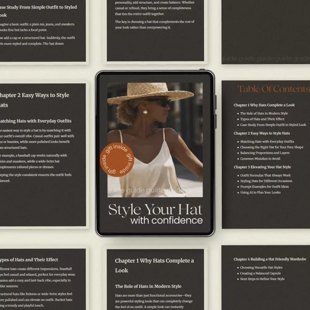 Style Your Hat with Confidence – Digital Guide on how to style hats, Everyday Outfit Styling, Hat Fashion Tips, Face Shape Matching & Capsule Wardrobe Planner