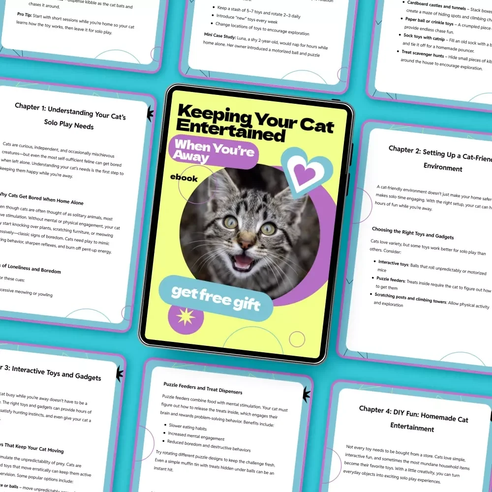 Keeping Your Cat Entertained When You’re Away – A Complete Guide on how to entertain cat when home alone | Cat Enrichment eBook for Happy, Stimulated Indoor Cats