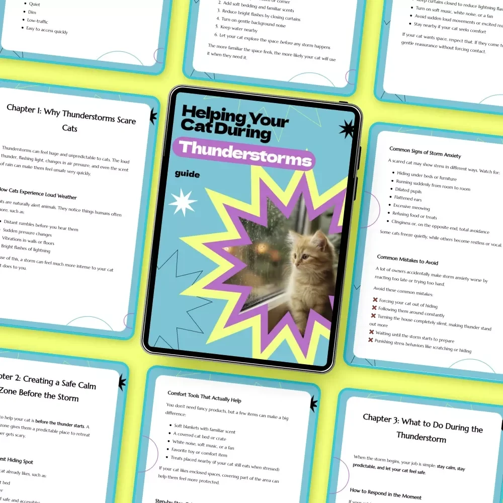 Helping Your Cat During Thunderstorms – Complete Guide on how to keep cat calm during thunderstorms, Anxiety Relief Tips, Safe Space Setup, AI Storm-Calming Plan for Cats