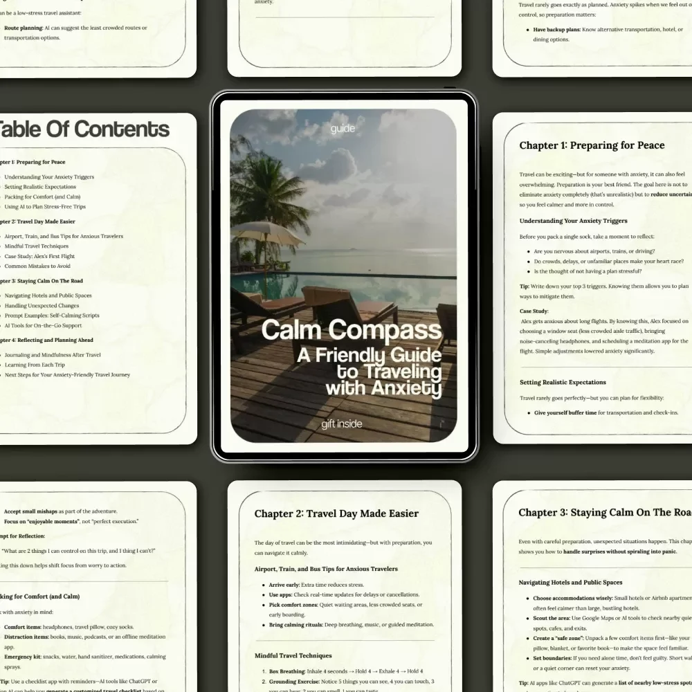 Calm Compass: A Friendly Guide to Traveling with Anxiety | How to Travel When You Have Anxiety eBook, Stress-Free Travel Guide, Anxiety-Friendly Trip Planner