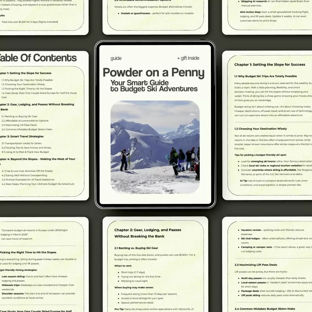 Powder on a Penny: Your Smart Guide to Budget Ski Adventures | How to Plan a Ski Trip on a Budget eBook, Affordable Ski Travel Guide, Budget-Friendly Skiing Planner