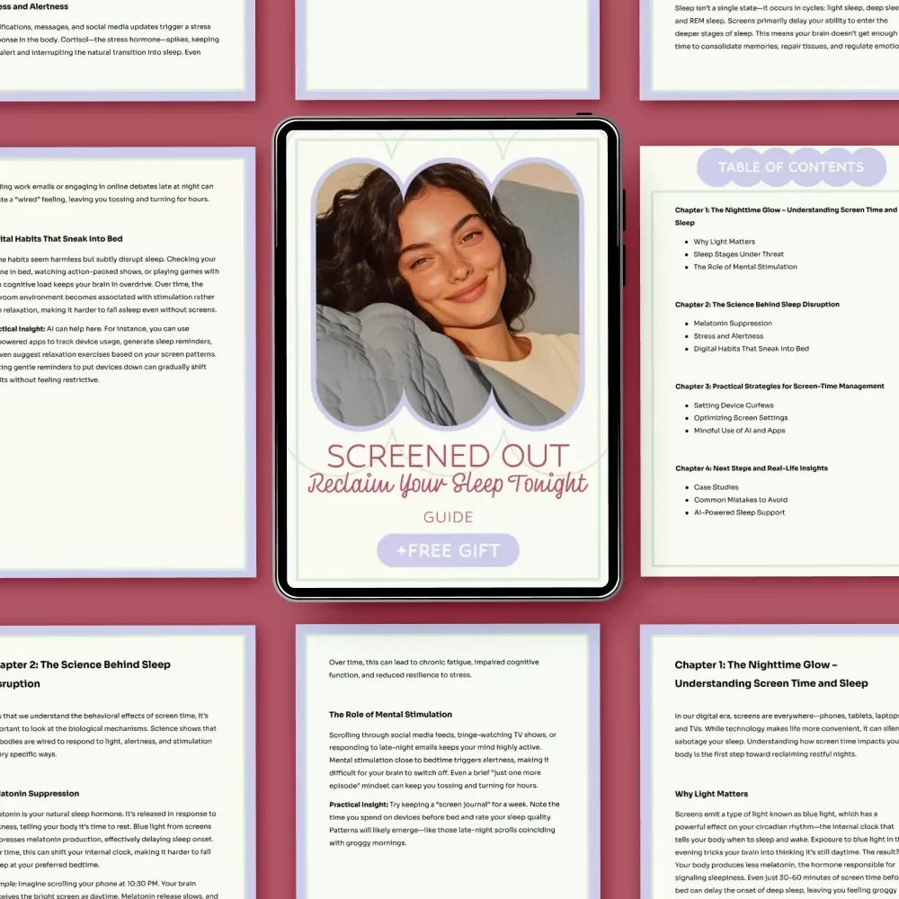 Screened Out: Reclaim Your Sleep Tonight – Digital Guide on how too much screen time affects sleep, Night Routine Reset, Better Sleep eBook, Screen Detox Checklist