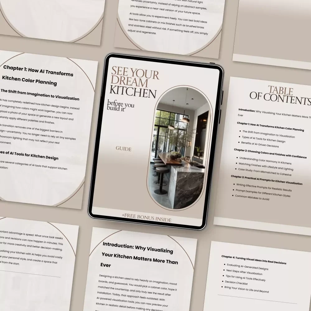 See Your Dream Kitchen Before You Build It – AI to Visualize Kitchen Colors and Finishes Guide, Kitchen Design eBook, Remodel Planning Checklist