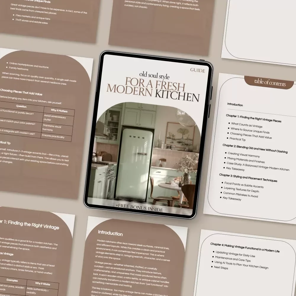 Old Soul Style for a Fresh Modern Kitchen – Vintage Pieces in Modern Kitchen Guide, Timeless Decor eBook, Vintage-Modern Styling & Kitchen Design Inspiration