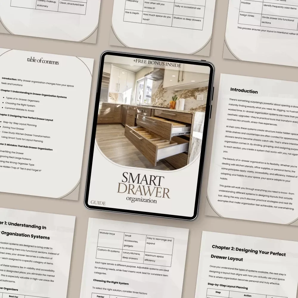 Smart Drawer Organization Guide – In Drawer Organization Systems, Declutter Checklist, Home Storage Layout Planner, Kitchen Drawer Makeover eBook