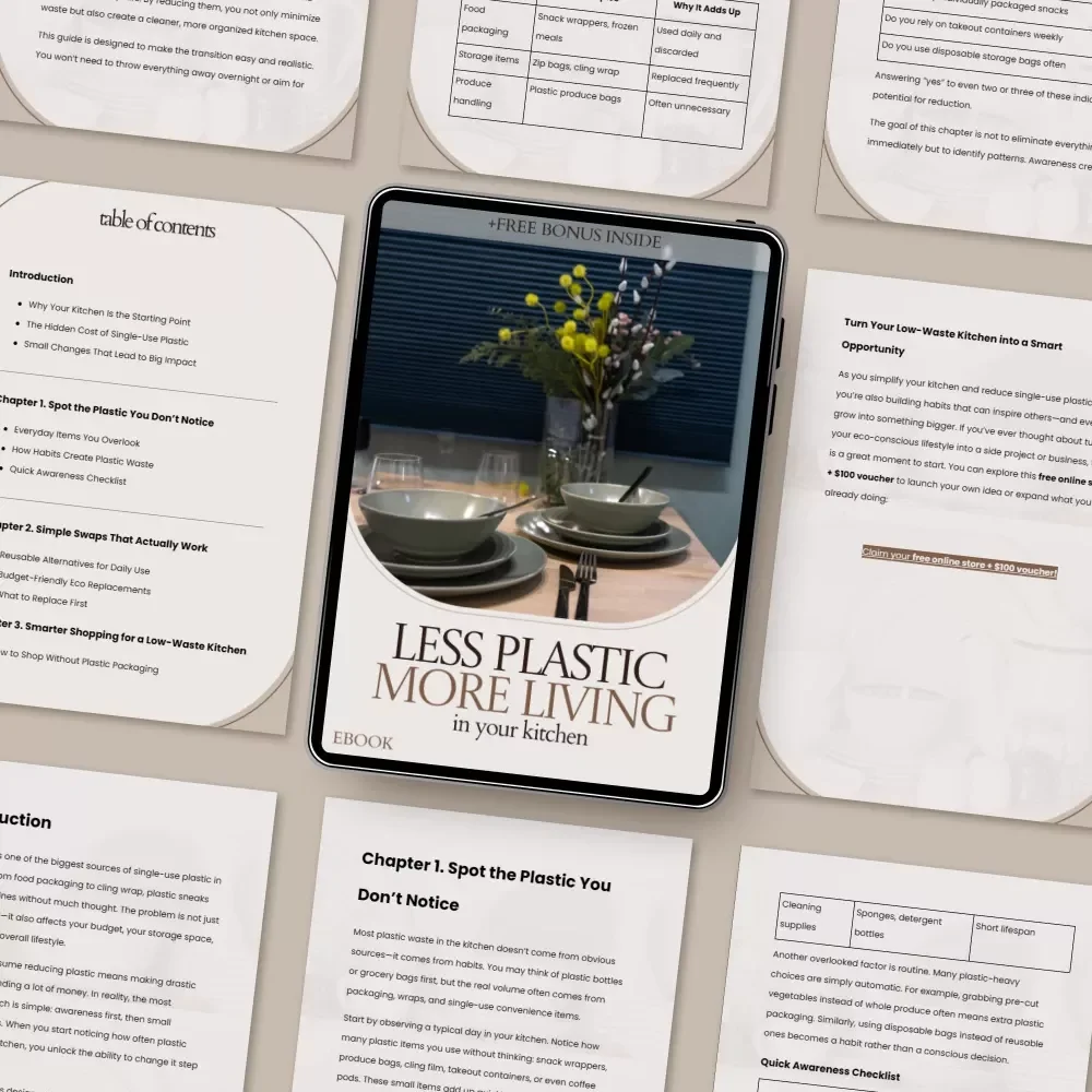 Less Plastic More Living in Your Kitchen – A Practical Guide on how to reduce single use plastic in kitchen | Eco-Friendly Living eBook, Low Waste Kitchen Tips, Sustainable Home Checklist