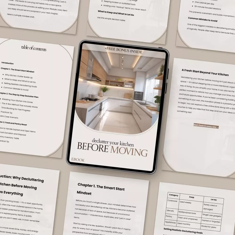 Declutter Your Kitchen Before Moving – The Ultimate Guide on how to declutter kitchen before moving | Step-by-Step Kitchen Declutter eBook & Moving Checklist