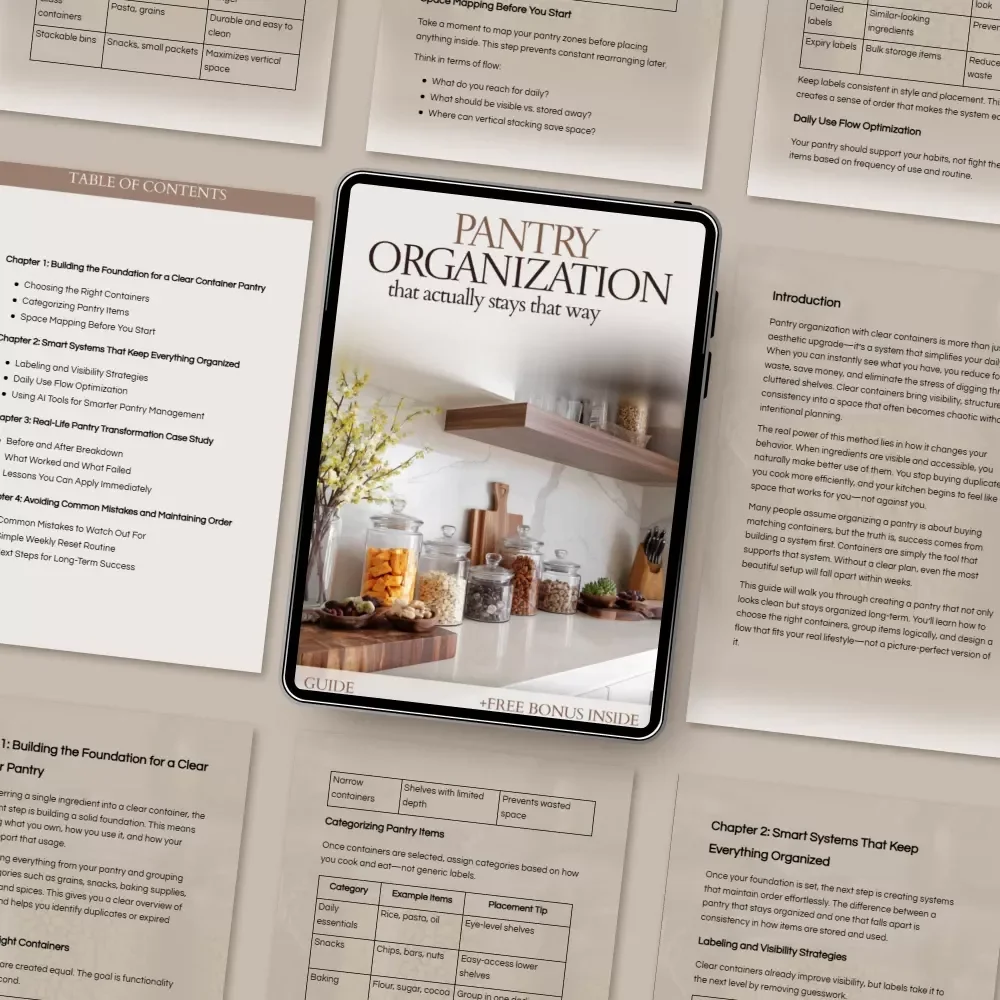 Pantry Organization That Actually Stays That Way – Clear Container System Guide, Pantry Organization with Clear Containers eBook, Declutter Checklist & Storage Strategy