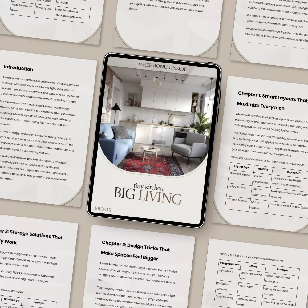 Tiny Kitchen Big Living – Small Apartment Kitchen Ideas eBook, Space-Saving Layout Guide, Smart Storage Solutions, Budget-Friendly Kitchen Makeover Checklist