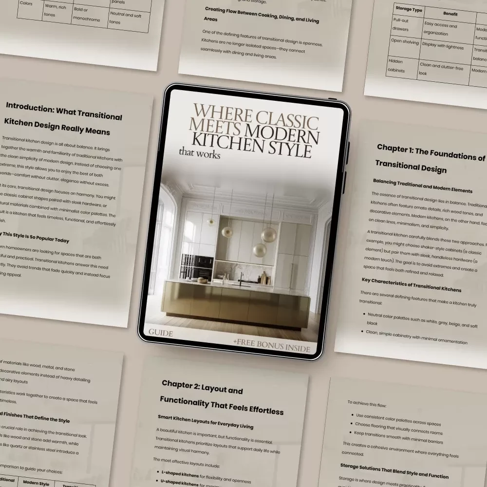 Where Classic Meets Modern Kitchen Style That Works | Transitional Kitchen Design eBook Guide | Timeless Kitchen Planning, Layout, Lighting & Decor Checklist