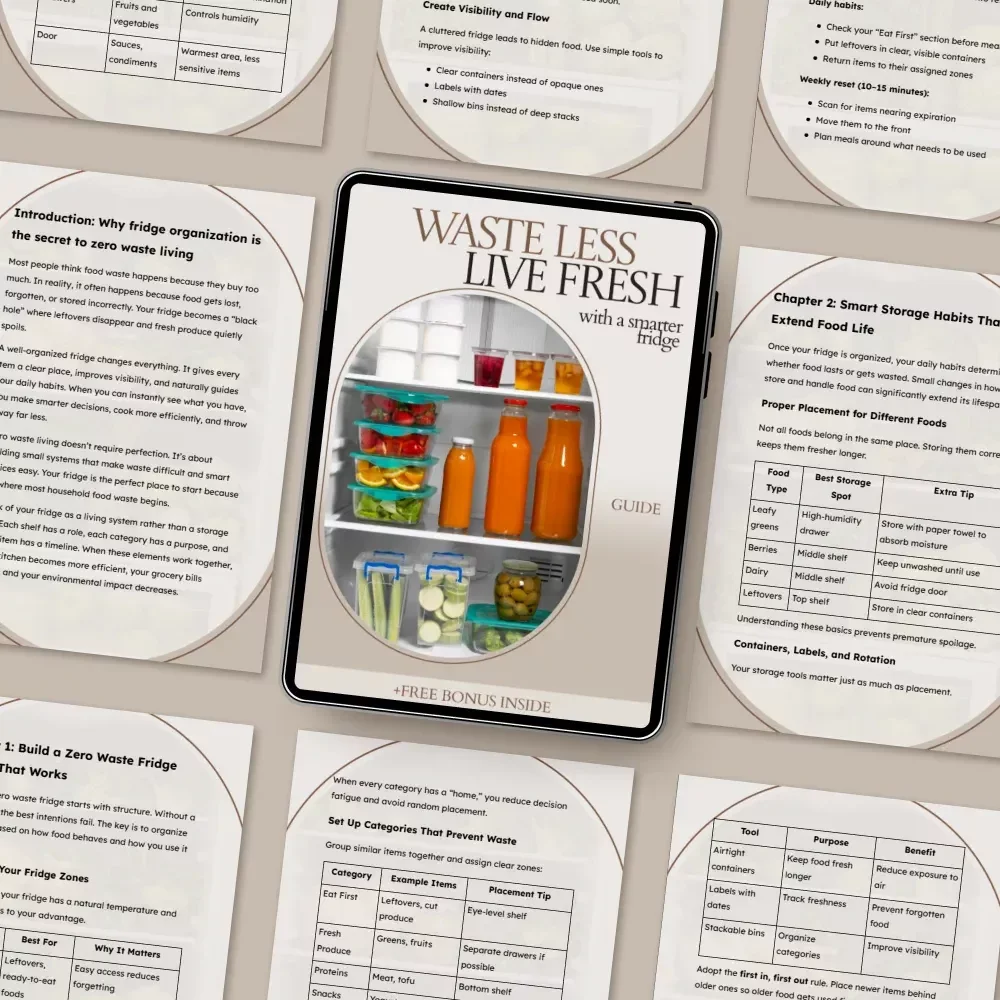 Waste Less Live Fresh with a Smarter Fridge | How to Organize Fridge for Zero Waste Guide | Fridge Organization eBook, Food Storage System, Zero Waste Kitchen Planner
