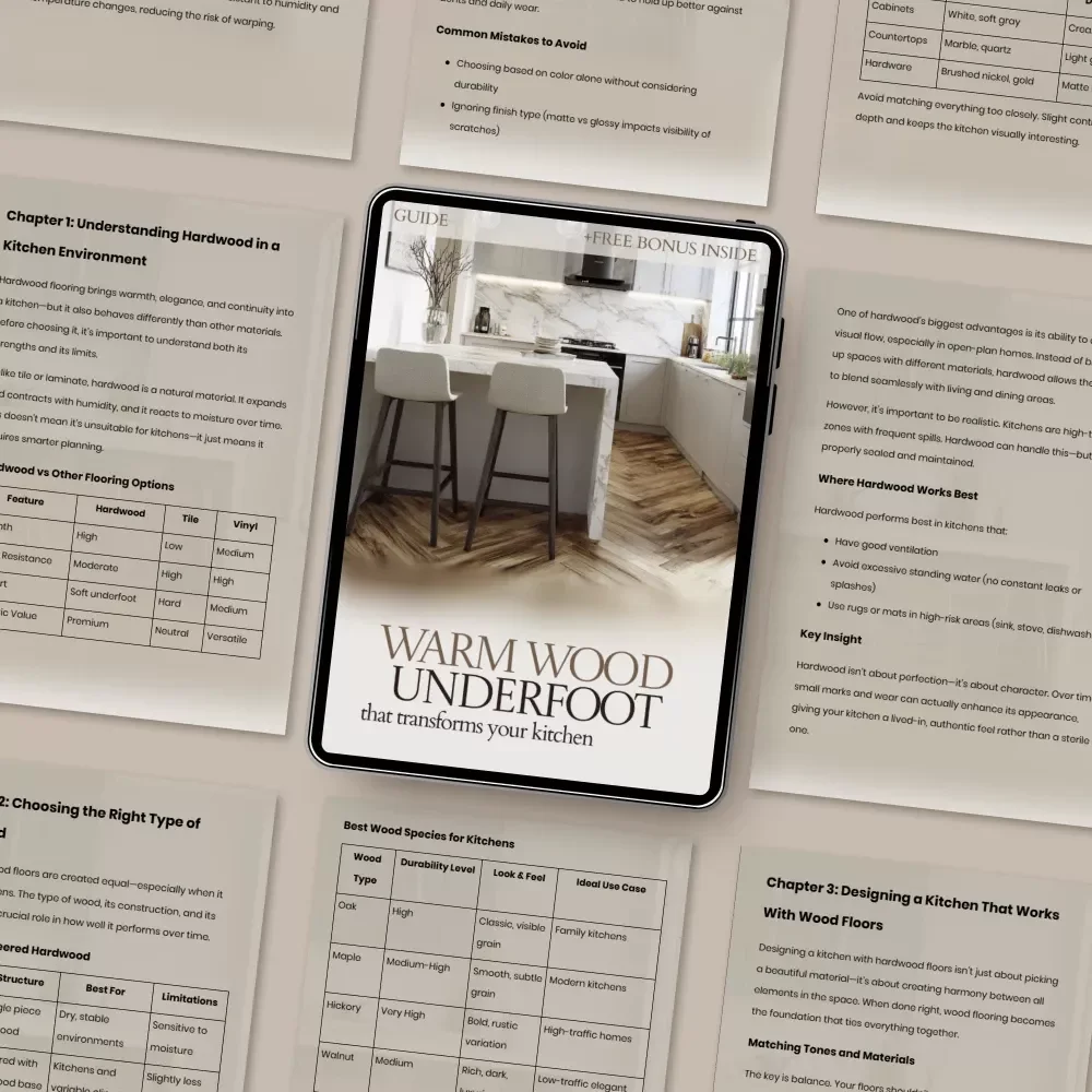 Warm Wood Underfoot That Transforms Your Kitchen | Hardwood Floors in Kitchen Guide, Kitchen Flooring eBook, Interior Design Checklist