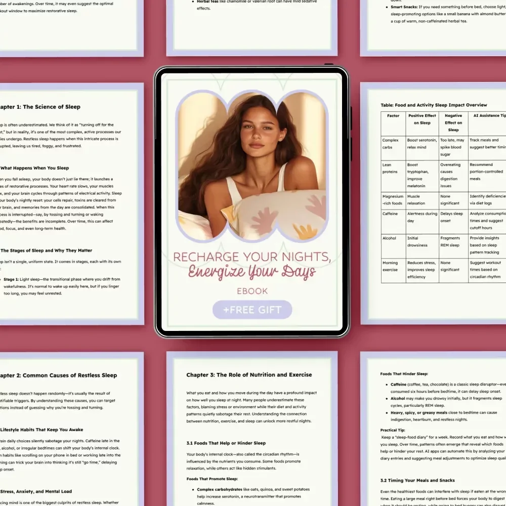 Recharge Your Nights, Energize Your Days – Restless Sleep Guide, What Causes Restless Sleep eBook, Sleep Improvement Checklist, Better Sleep Planner