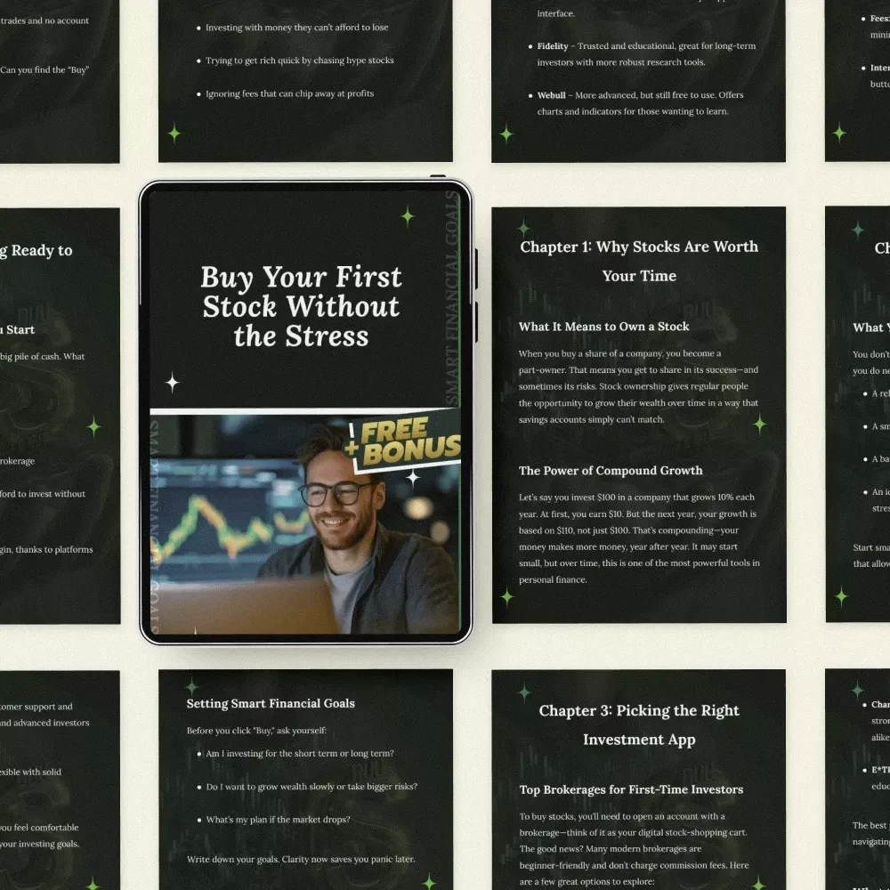 Buy Your First Stock Without the Stress – Beginner Investing eBook Guide on how to buy company stocks, Step-by-Step Stock Market Starter Checklist & Wealth Building Blueprint