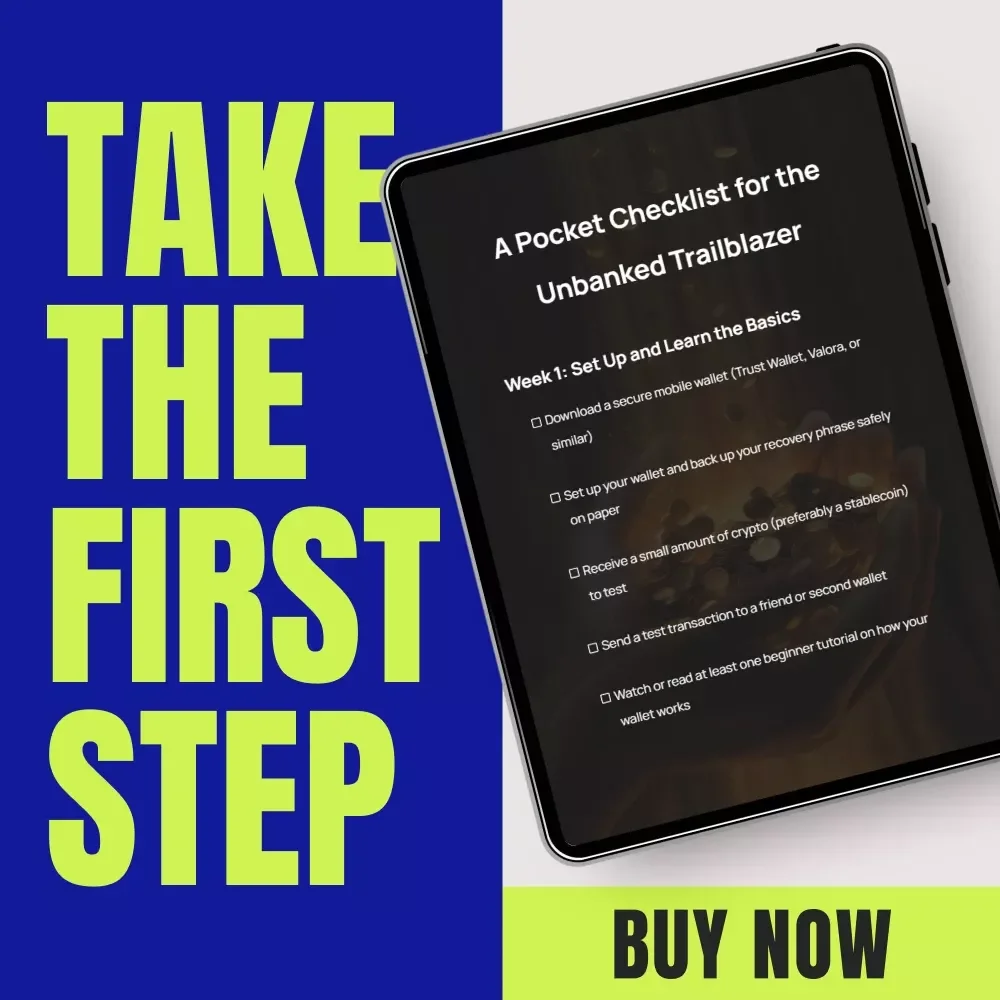 A Pocket Checklist for the Unbanked Trailblazer | Crypto solutions for the unbanked | 4-Week Beginner Crypto Action Plan Printable