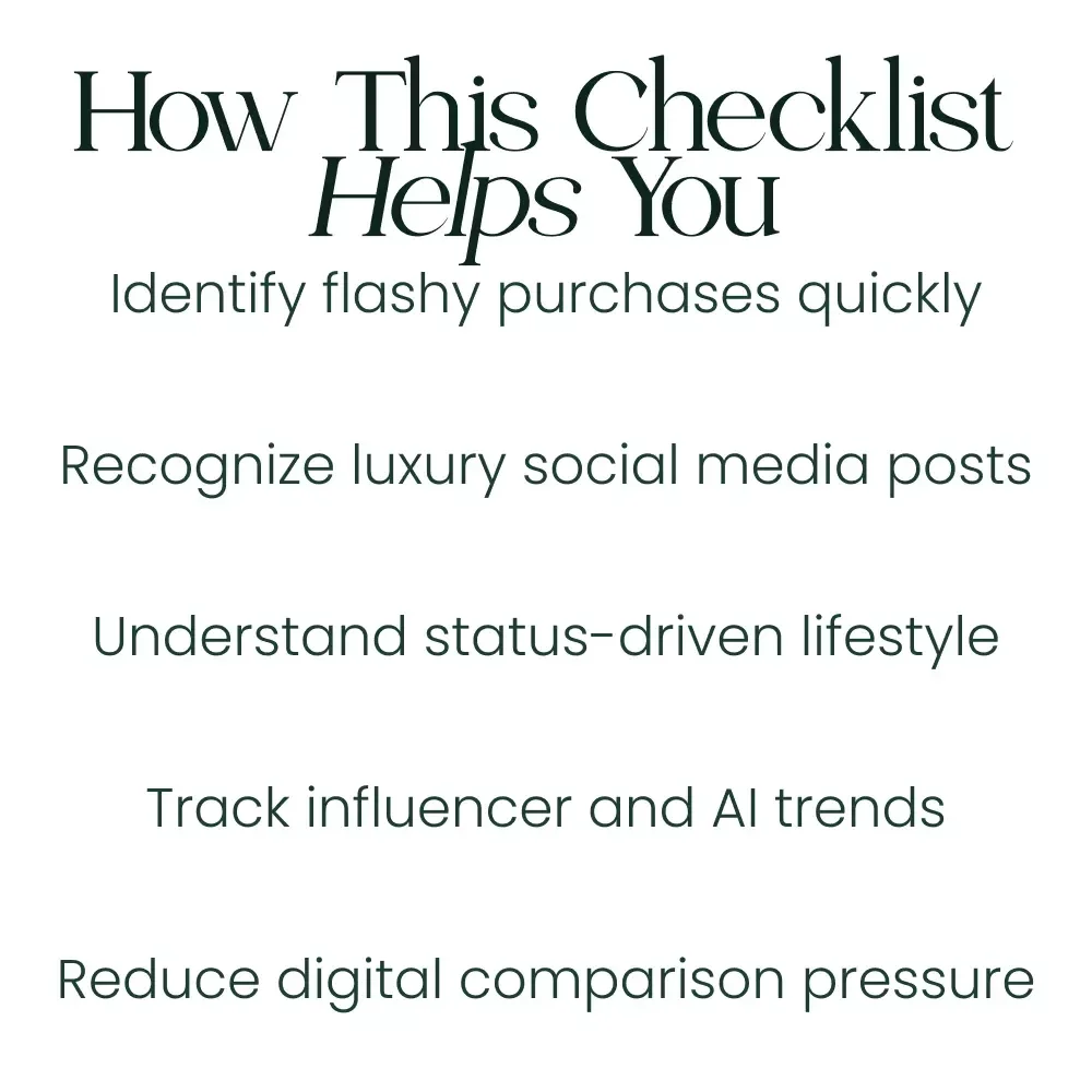 Signs of Conspicuous Consumption Checklist – Identify Flashy Purchases, Social Media Displays, and Lifestyle Status Indicators Digital Download