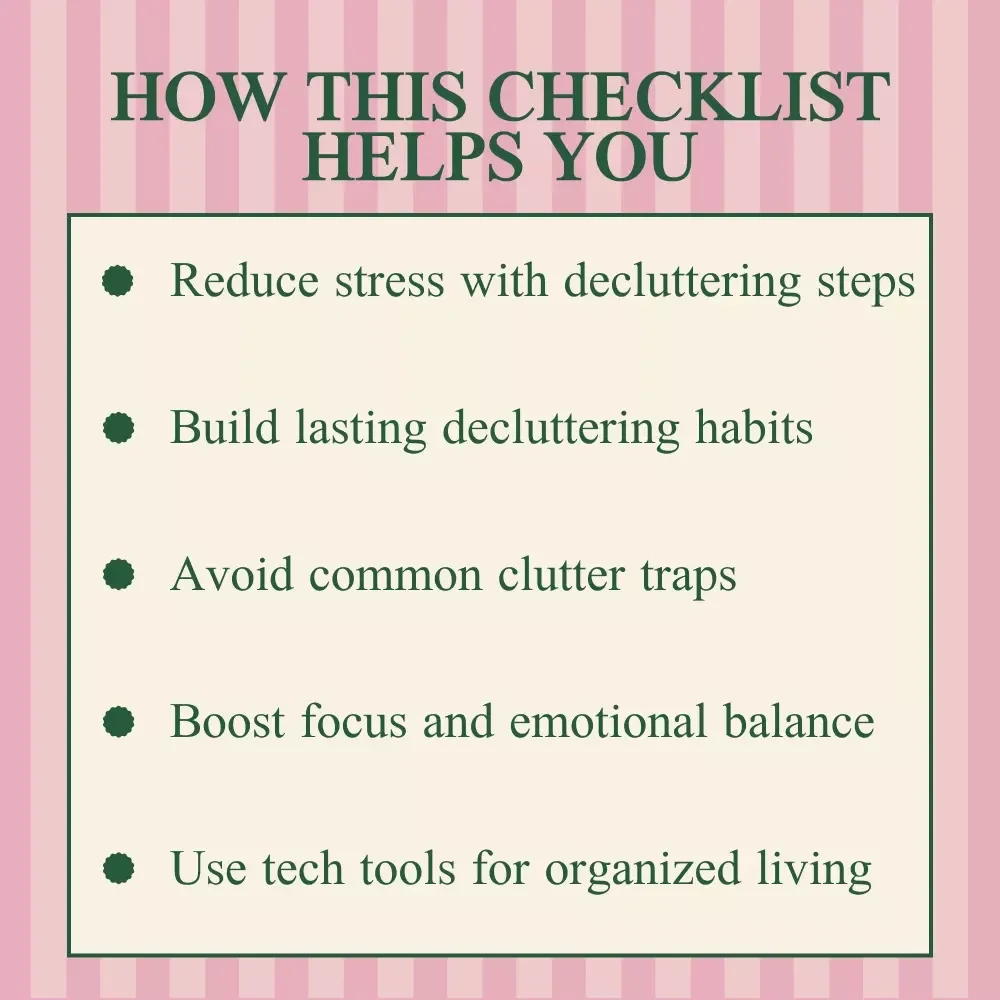 Clear Space, Clear Mind: Your Ultimate Decluttering Checklist – Mental Health Benefits of Decluttering Guide, Printable Digital Checklist for Stress Relief & Focus