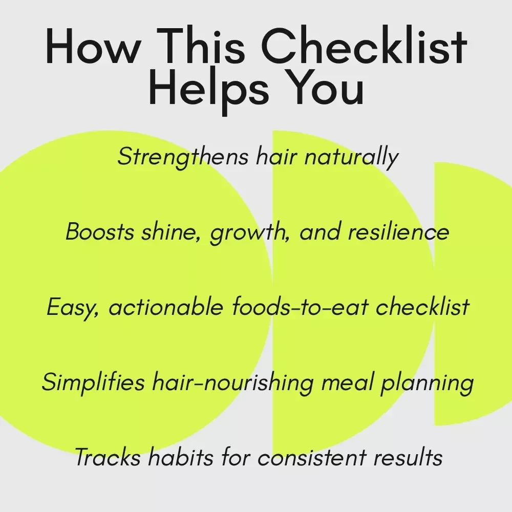 The Hair-Nourishing Checklist to Eat Your Way to Stronger, Shinier Strands – Foods to Eat for Healthy Hair, Hair Growth, Hair Nutrition, Hair Health Guide, Hair-Friendly Meal Plan, Digital Hair Care Checklist