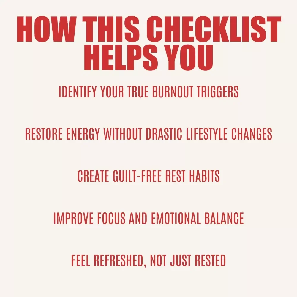 The Ultimate Rest & Recharge Checklist: 7 Steps to Beat Burnout Like a Pro | Digital Self-Care Checklist Based on 7 Types of Rest to Avoid Burnout