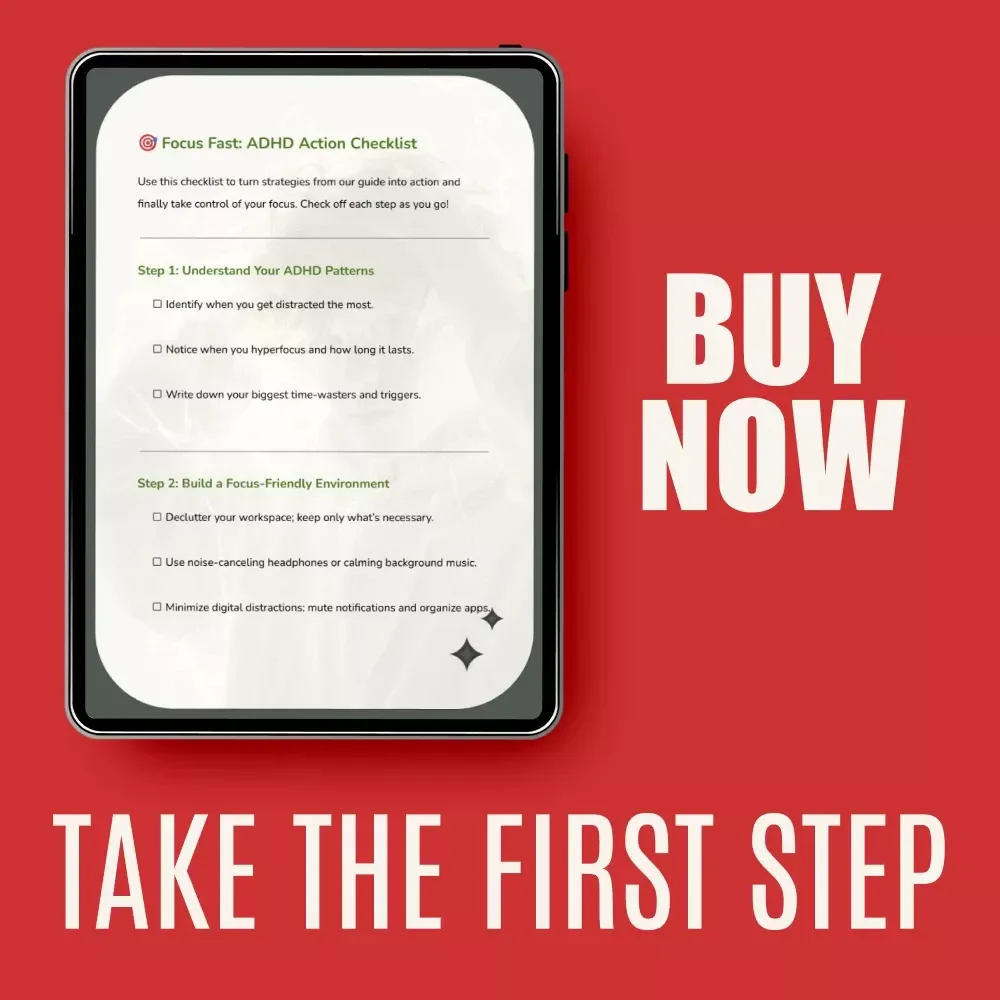 Focus Fast: ADHD Action Checklist | How to Focus With ADHD | Printable Digital Productivity Checklist for Adults & Students