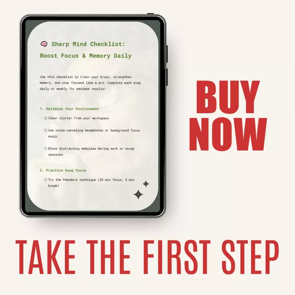 Sharp Mind Checklist: Boost Focus & Memory Daily | Digital Focus & Brain Health Checklist | How to Improve Focus and Memory Guide