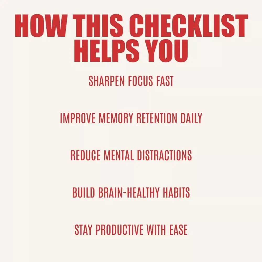 Sharp Mind Checklist: Boost Focus & Memory Daily | Digital Focus & Brain Health Checklist | How to Improve Focus and Memory Guide
