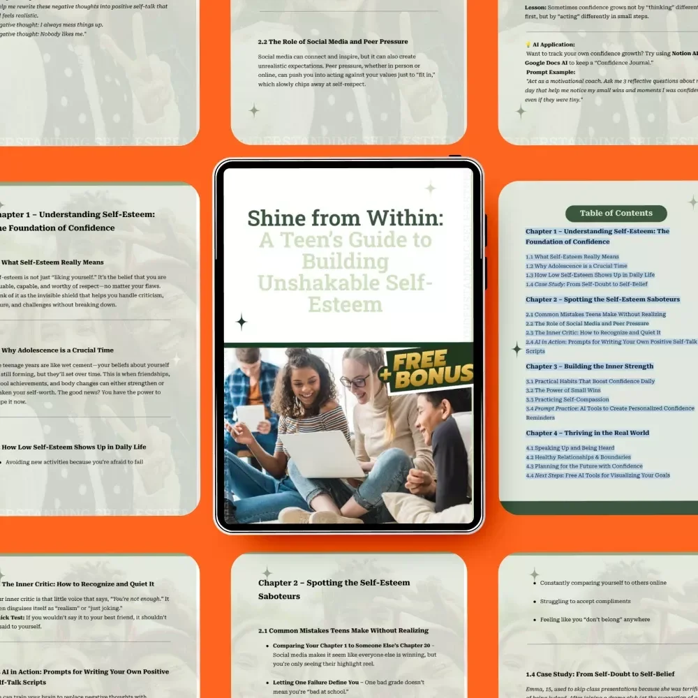 Shine from Within: A Teen’s Guide to Building Unshakable Self-Esteem – How to Improve Self Esteem in Adolescence Guide, Digital eBook, AI Prompts & Confidence Checklist