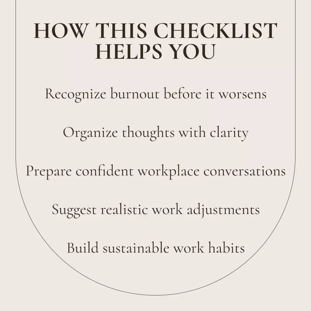 Burnout Buster Checklist: Speak Up, Recharge, and Take Control | Digital Checklist for how to talk to your manager about burnout, Workplace Stress, Boundaries & Recovery