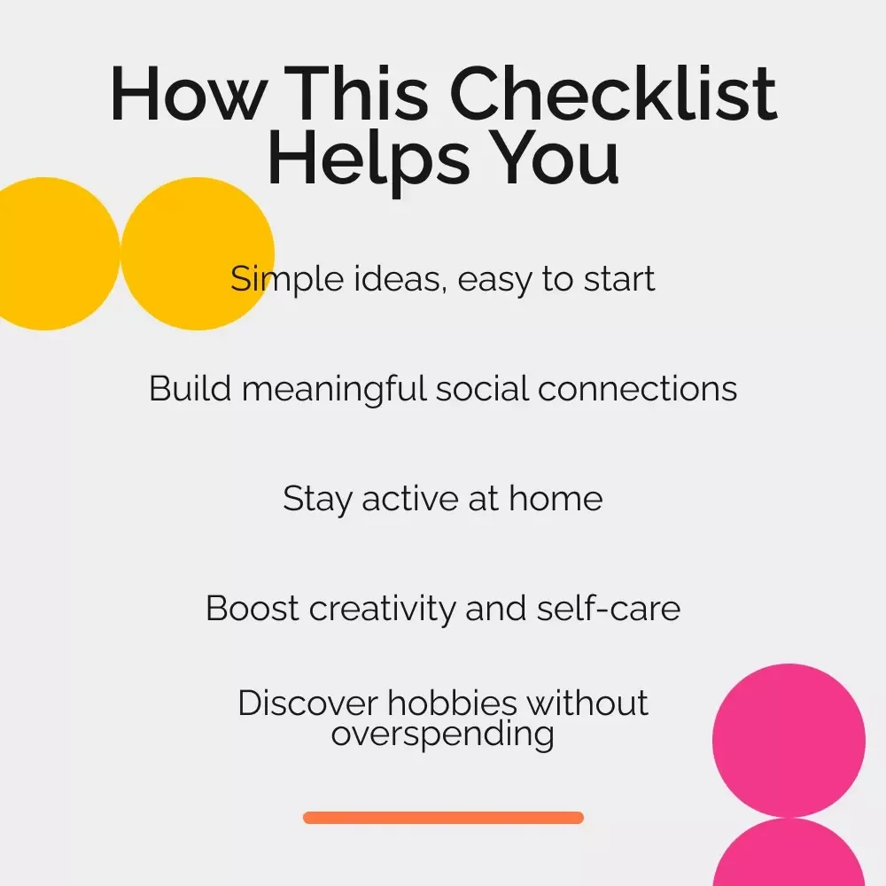 Low-Cost Hobby Ideas for Women Checklist | Budget-Friendly & Fun Low Cost Hobbies for Women | Easy Creative, Mindful & Active Hobby Guide