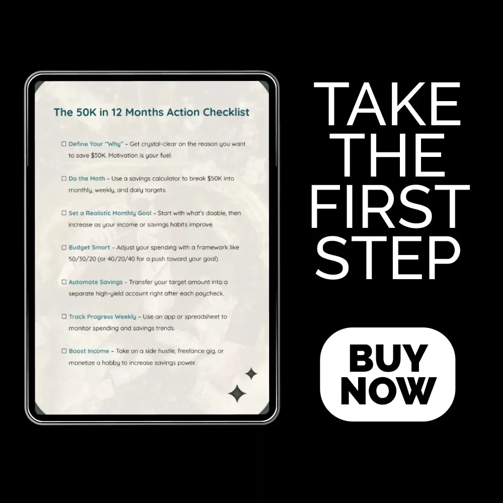 The 50K in 12 Months Action Checklist – Printable Savings Planner, Finance Tracker, Digital Budget Checklist for Reaching $50K Fast | how to save 50k in a year calculator