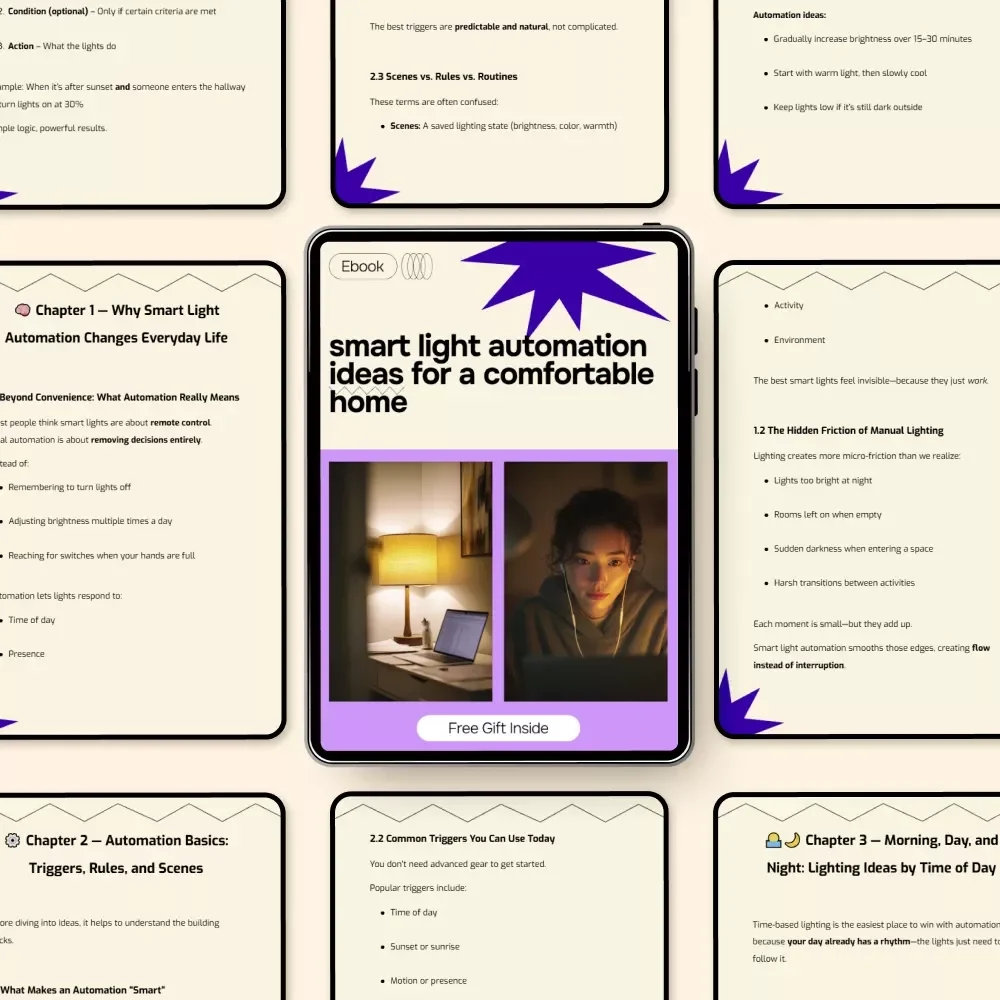 Smart Light Automation Ideas for a Comfortable Home – Practical Smart Lighting eBook, Easy Automations, Room-by-Room Lighting Guide, Modern Smart Home Living