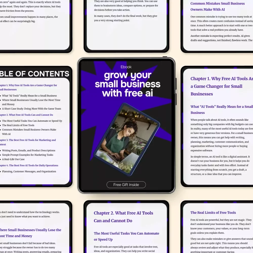 Grow Your Small Business With Free AI – Practical eBook for ai for small business owners free tools, Marketing, Operations & Everyday Productivity