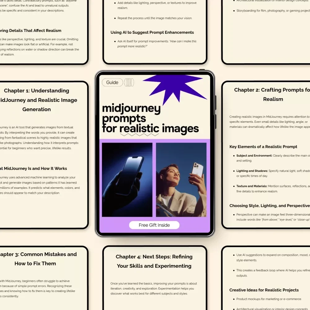 MidJourney Prompts for Realistic Images – Pro Guide to midjourney prompts for realistic images, Photorealistic AI Art, Digital Download for Creators
