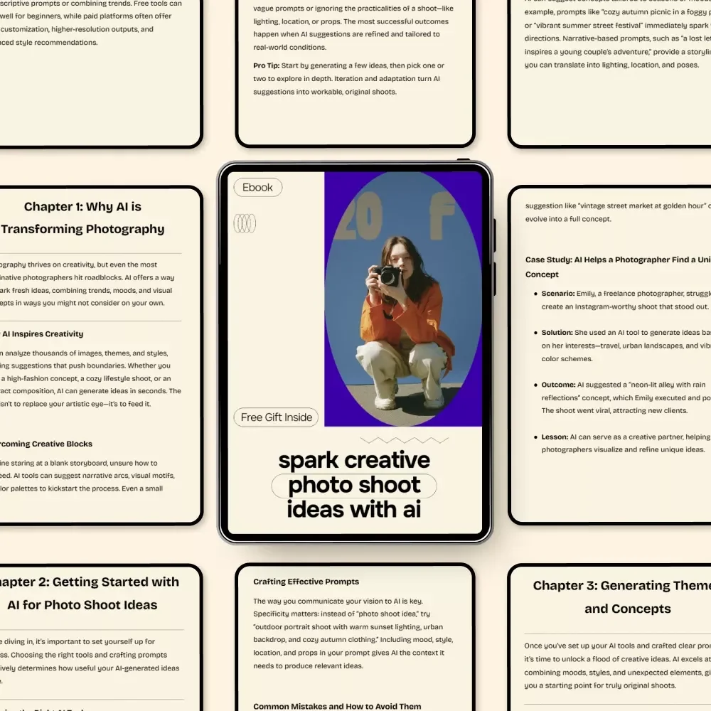 Spark Creative Photo Shoot Ideas with AI – Ebook Guide for ai for generating ideas for a photo shoot, Photography Inspiration, Creative Prompts, Digital Download
