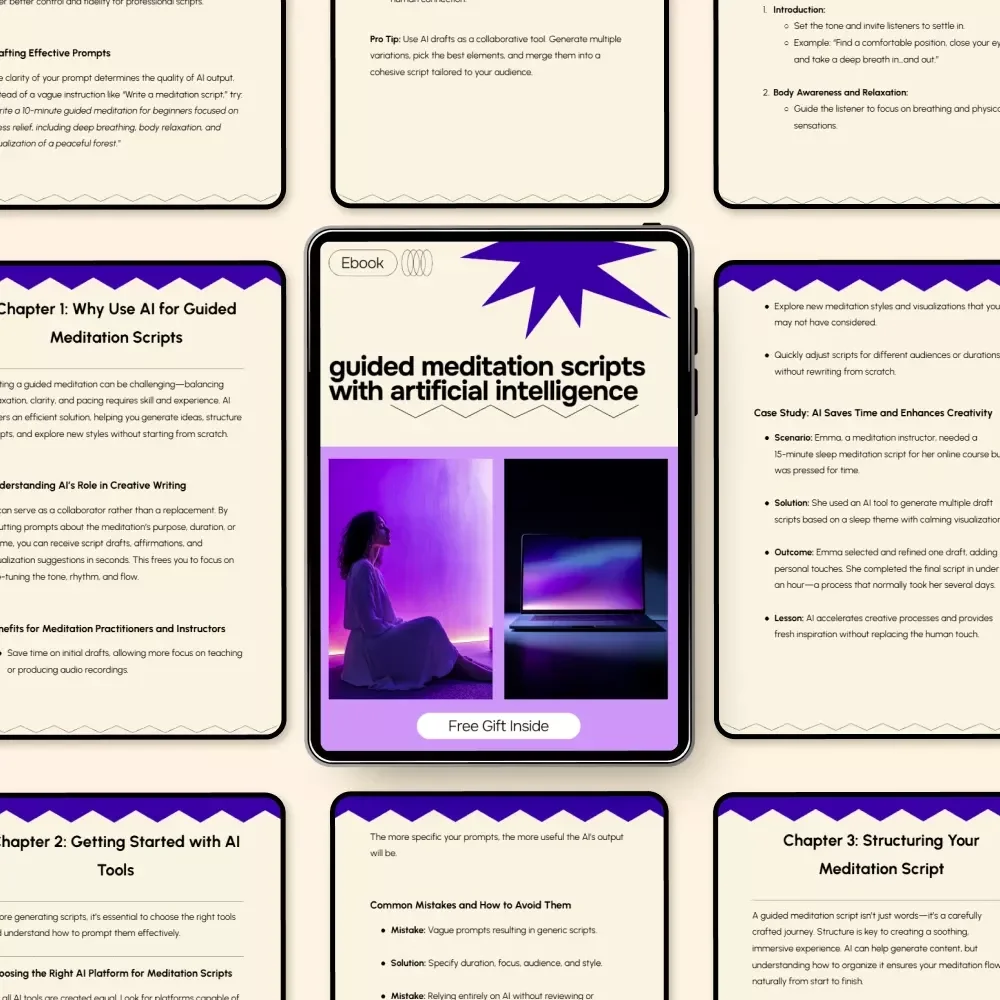 Guided Meditation Scripts with Artificial Intelligence | Ebook for ai for writing a script for a guided meditation | Create Calm, Personalized Meditations Fast