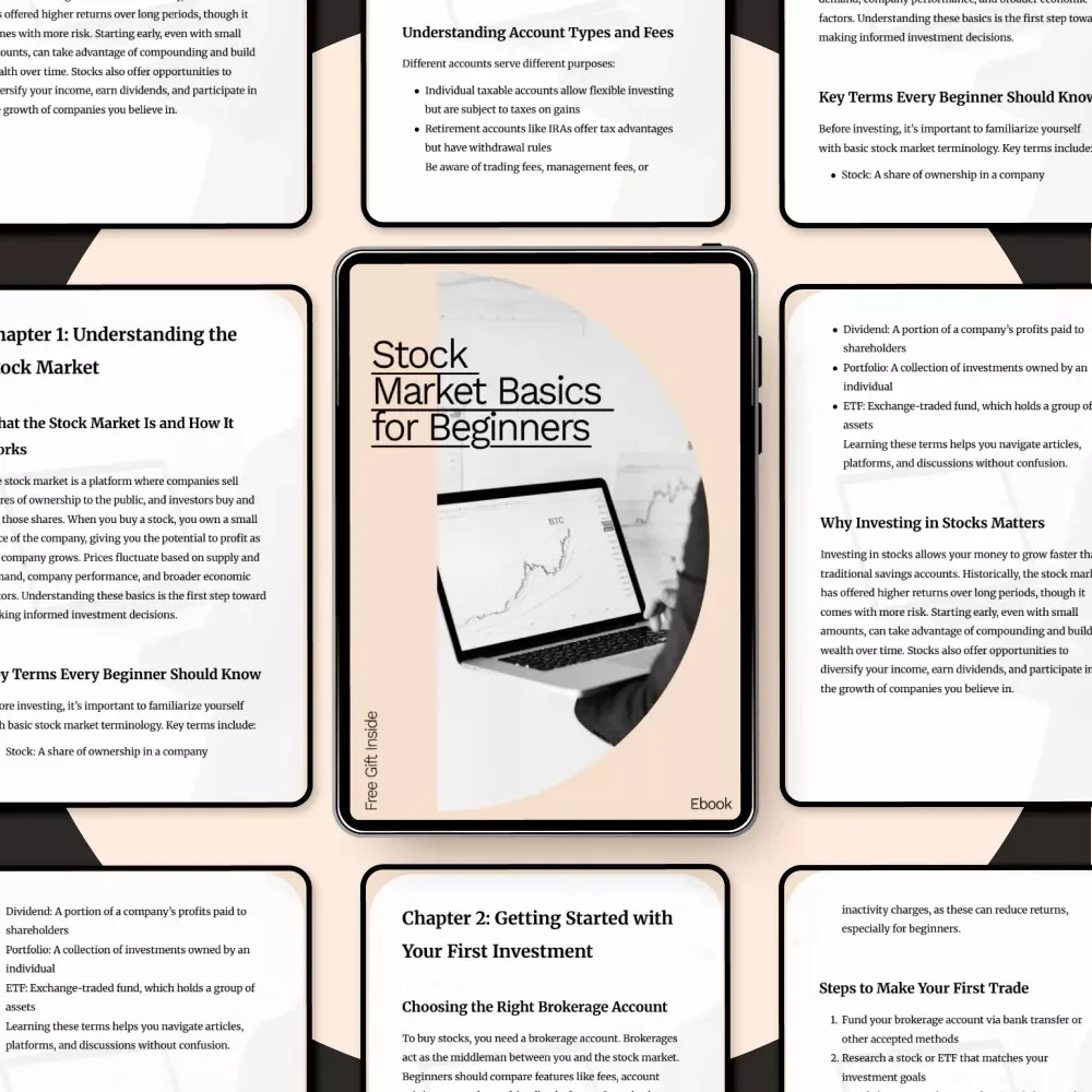 Stock Market Basics for Beginners | Printable Investing eBook | Beginner-Friendly Guide to Trading, ETFs, Mutual Funds & Building Your First Portfolio