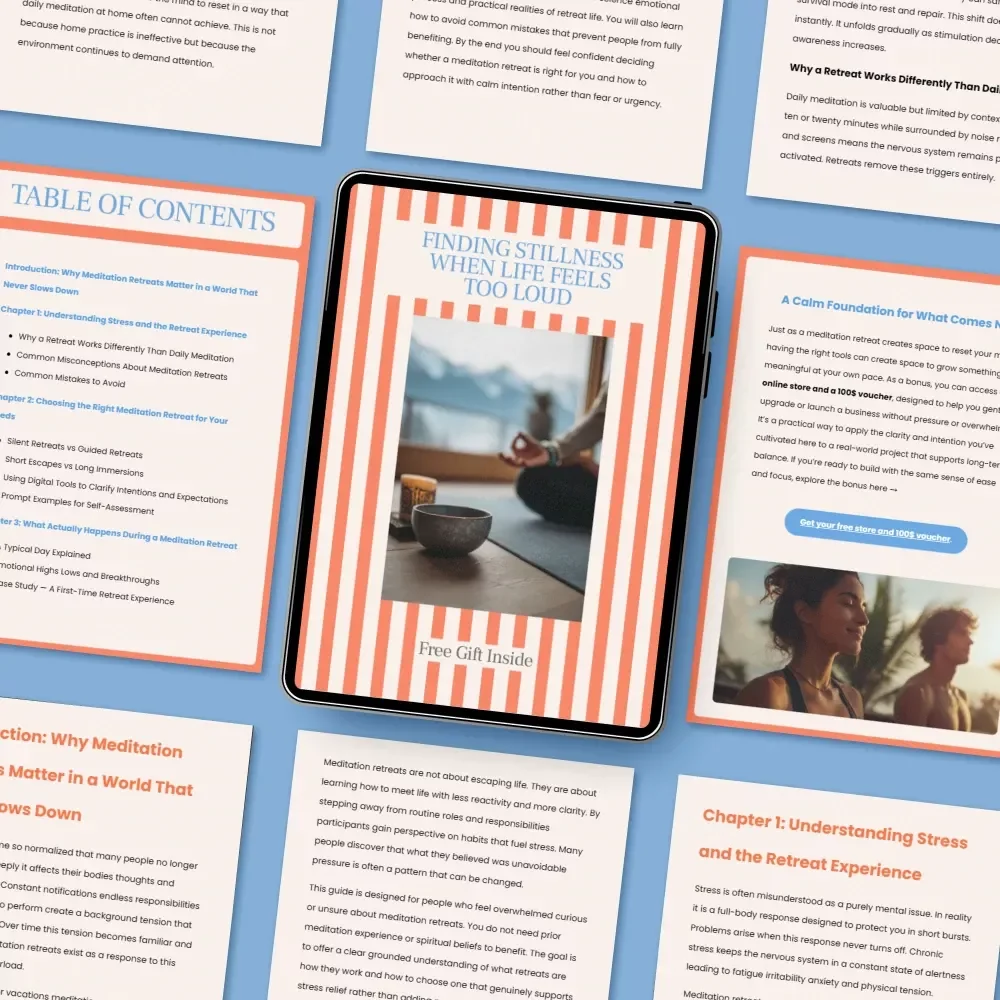 Finding Stillness When Life Feels Too Loud – A Gentle Guide to Meditation Retreats for Stress Relief, Clarity, and Inner Calm | Digital eBook Download