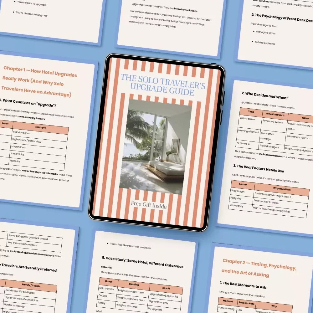 The Solo Traveler’s Upgrade Guide | Ebook on how to get free hotel upgrades as a solo traveler | Smart Booking, Timing & Front Desk Psychology