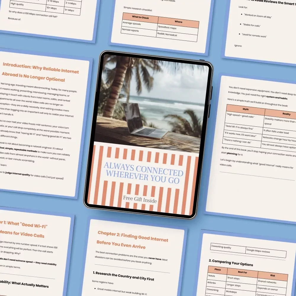 Always Connected Wherever You Go – Practical Ebook on how to find reliable wifi for video calls abroad, Travel Internet Planning Guide for Remote Work & Digital Nomads