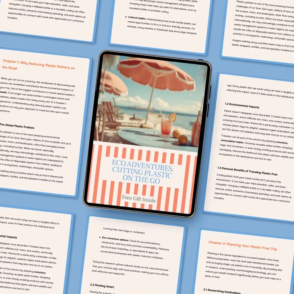 Eco Adventures: Cutting Plastic on the Go – Sustainable Travel eBook for Conscious Explorers | how to reduce plastic use while traveling eBook | Zero-Waste Travel Tips | Plastic-Free Journey Download