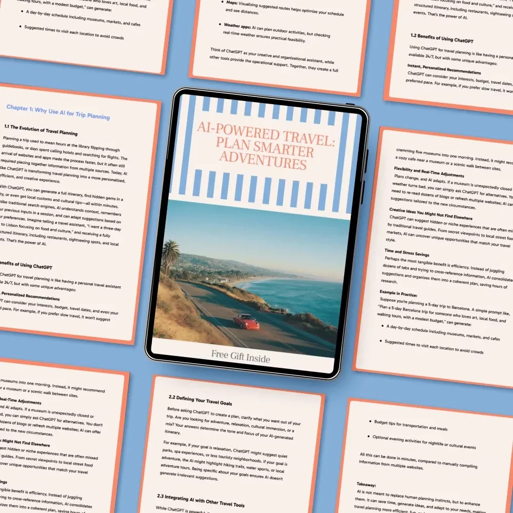 AI-Powered Travel: Plan Smarter Adventures – Digital eBook for Smarter Trip Planning Using AI, ChatGPT Travel eBook, How to Use ChatGPT to Plan a Trip, Smart Itinerary Builder, Travel Hacks PDF