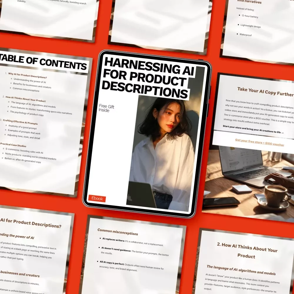 Harnessing AI for Product Descriptions | eBook Guide to ai for creating product descriptions for E-Commerce Sellers & Creators