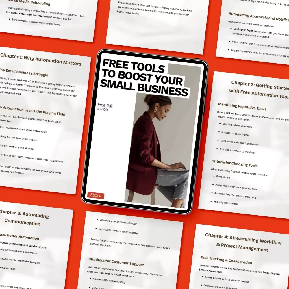 Free Tools to Boost Your Small Business | Practical Ebook Guide to free automation tools for small business, AI Productivity, Marketing, Workflow & Growth