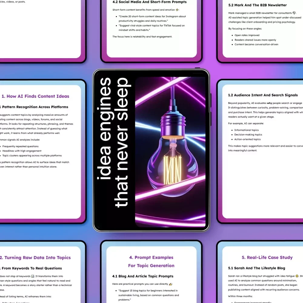 Idea Engines That Never Sleep – AI Content Idea Guide Ebook | ai that suggests content topics for you | Smart Topic Generation for Blogs, Social Media & Newsletters