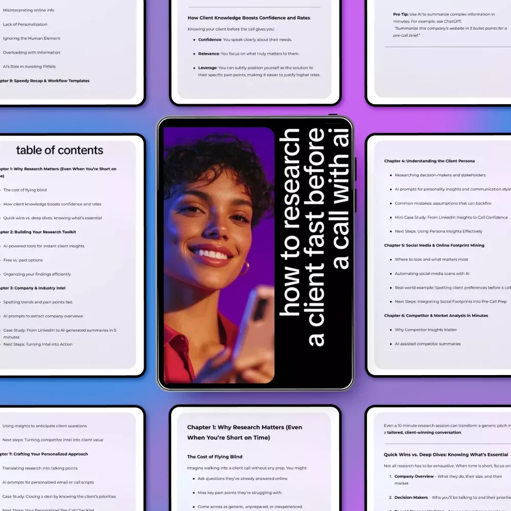 How To Research A Client Fast Before A Call With AI – Smart Pre-Call Research eBook for Freelancers, Consultants & Coaches
