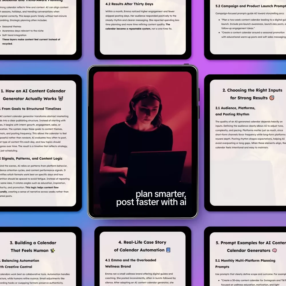 Plan Smarter, Post Faster With AI – Practical eBook for Using an ai content calendar generator, Streamlined Content Planning, Faster Social Media Scheduling, Digital Marketing Guide